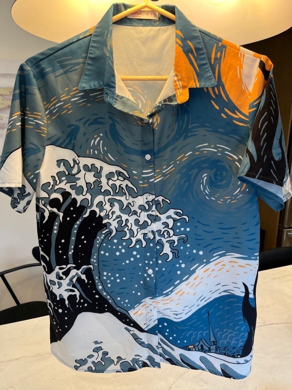 ROMWE Blue Graphic Wave Print Short-Sleeve Button-Down Shirt